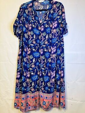 Yozly Boho Floral Housedress Muumuu Duster Vibrant Navy Blue Pink Floral XXL